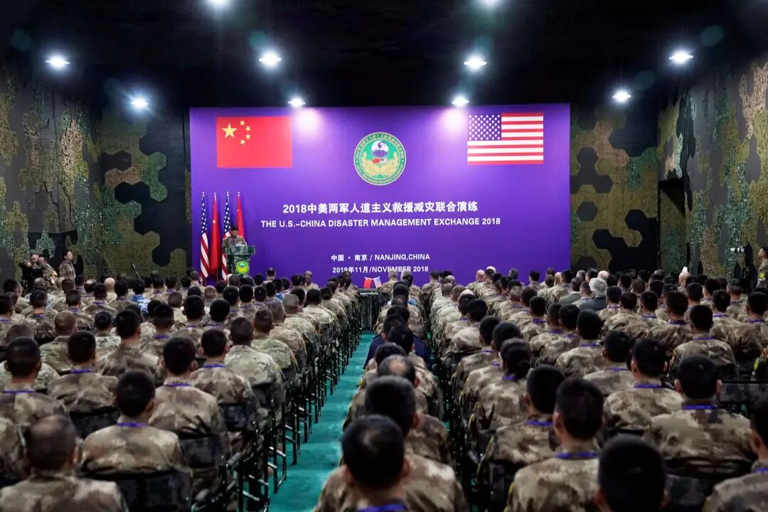 U.S. Army and China's People's Liberation Army (PLA) military personnel attend a closing ceremony of an exercise of Disaster Management Exchange near Nanjing