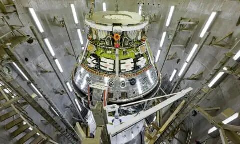 The Artemis II Orion spacecraft seen in the west altitude chamber inside the Operations and Checkout Building at Nasa’s Kennedy Space Center in Cape Canaveral