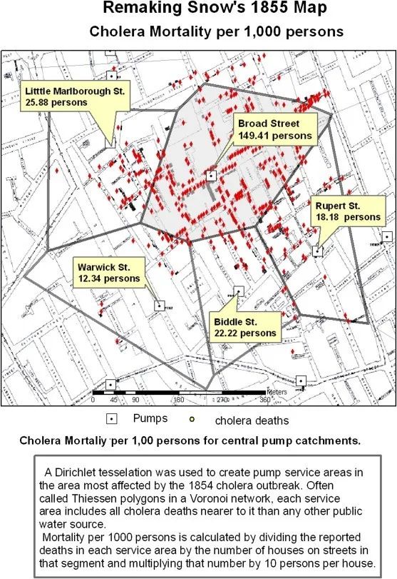 斯诺根据绘制的霍乱地图发现布劳德大街(broad street)水泵附近死亡率