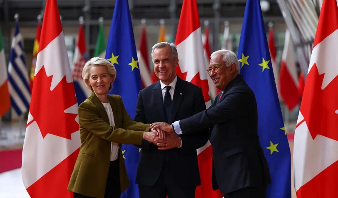 European Commission President Ursula von der Leyen and European Council President Antonio Costa welcome Canadian Prime Minister Mark Carney for an EU-Canada summit in Brussels, Belgium, on June 23.